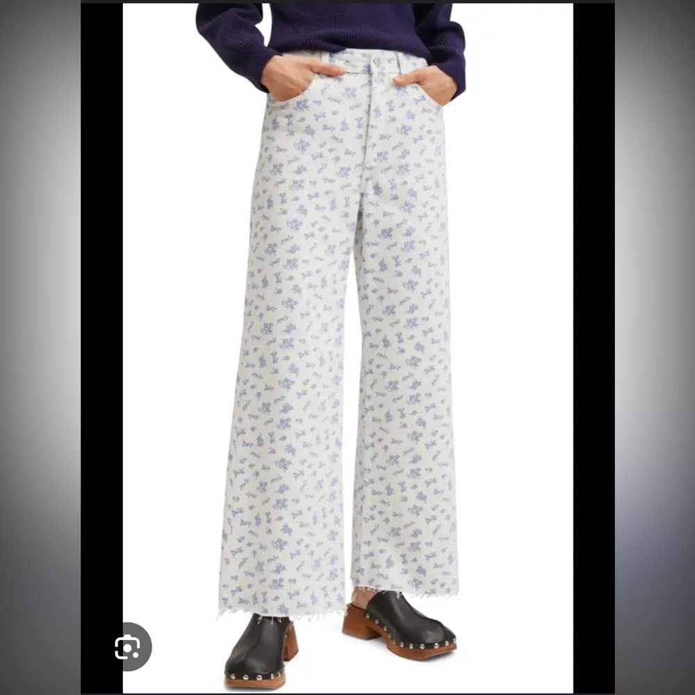 MNG Denim Floral Print Wide-Leg Denim Pants